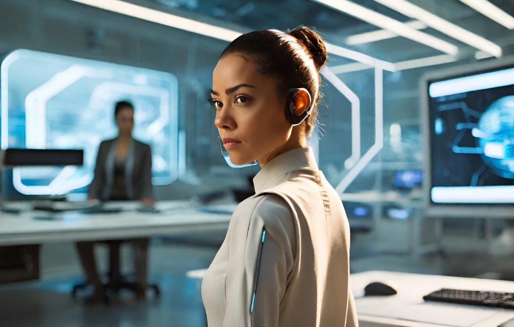 bureau futuriste, avec des éléments technologiques avancés et une ambiance dynamique. Dans la scène un personnage de dos personnage : Mia Reyes, jeune femme d'environ 30 ans. Lumière, trait future, science-fiction.